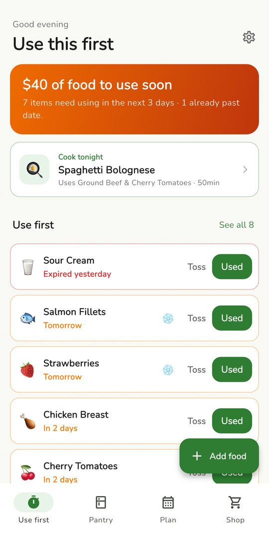 PantryPal's Use first screen: $40 of food to use soon, a cook-tonight idea, and food expiring soonest.